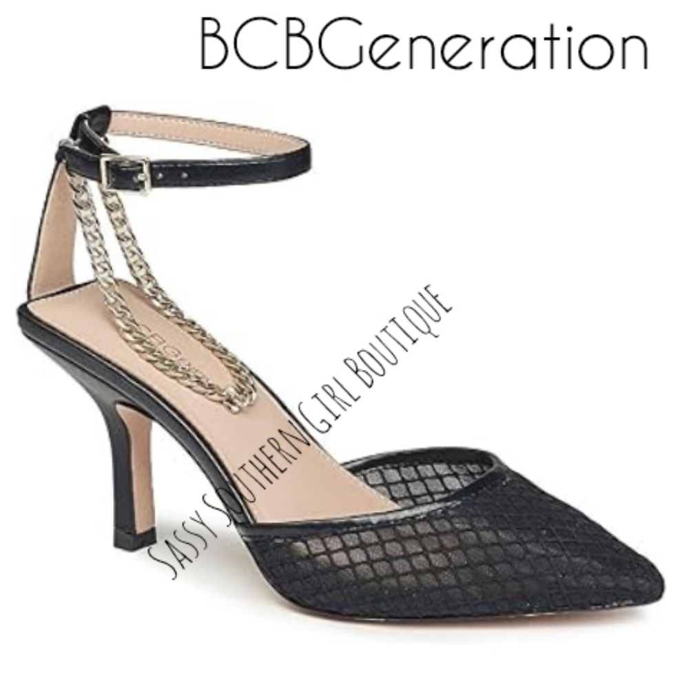 ⭐🆕BCBG black mesh chain ankle strap heels